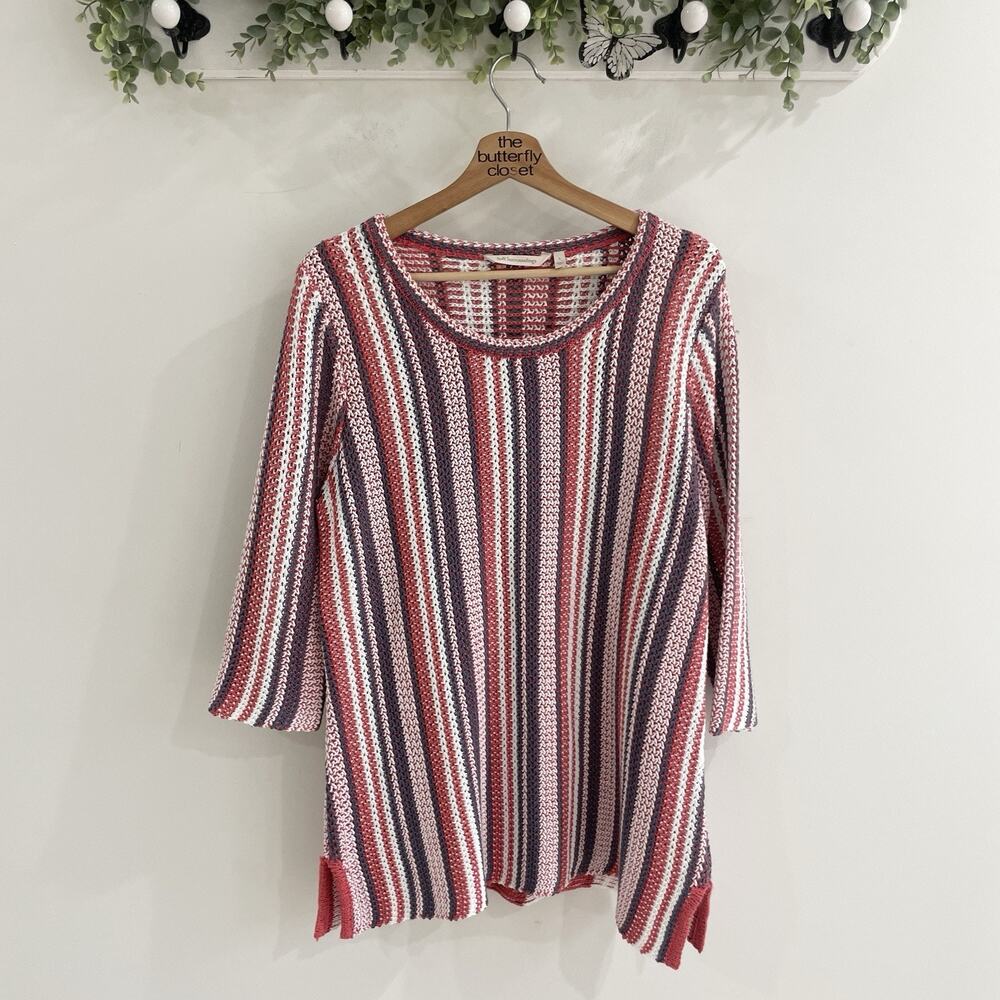 soft surroundings Red, White, And Blue Striped Knit 3/4 Sleeve Sweater Size L